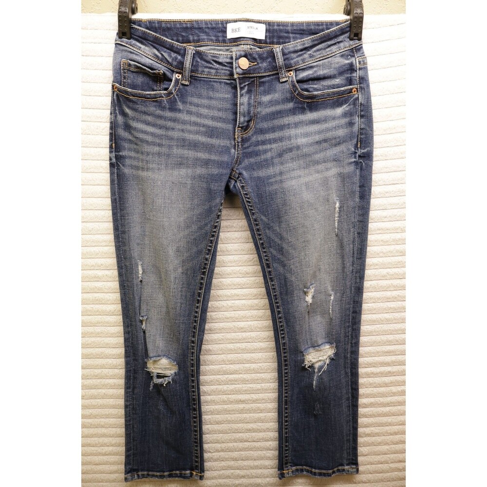 BKE Stella Jeans Womens 27 Slim Fit Low Rise Distressed Ripped Ankle Denim Blue